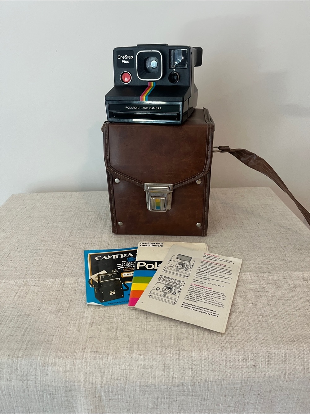 Working Black Polaroid OneStep Plus Instant Camera with Rainbow Accent and Case